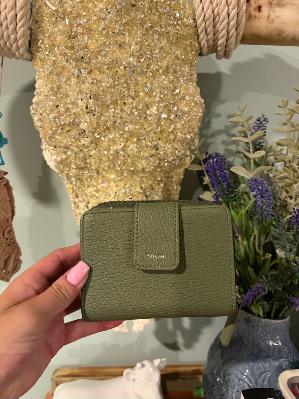 Olive Green Leather Zip Wallet